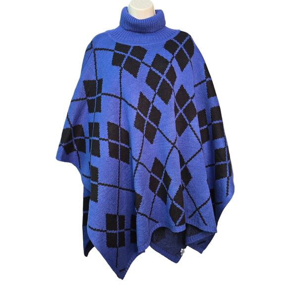 Lane Bryant Poncho Womens Plus Size 22 Blue Black Argyle Diamond Turtleneck NEW - Picture 1 of 13